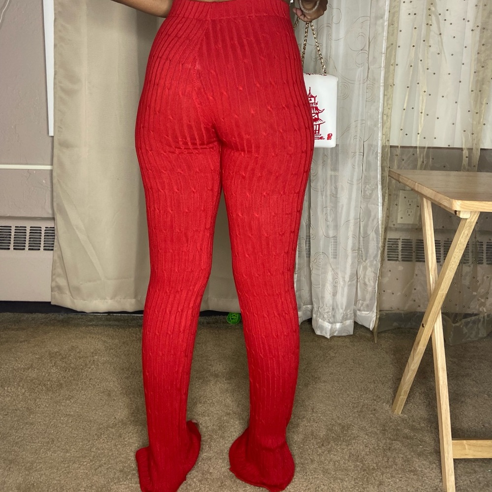 Red Ribbed Stack Pants
